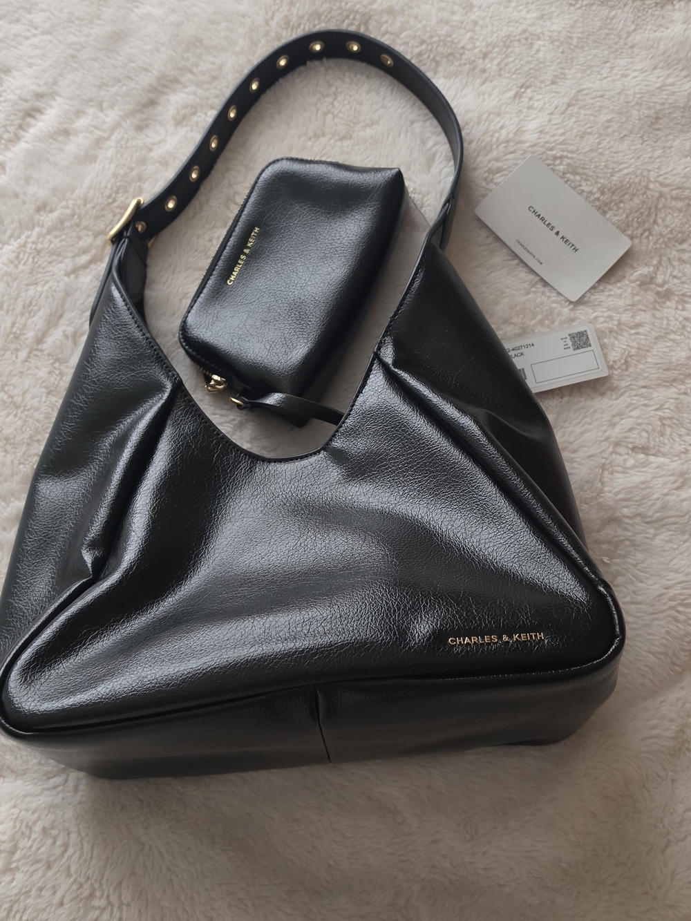 Charles & Keith Black Leather Shoulder Bag with Detachable Pouch